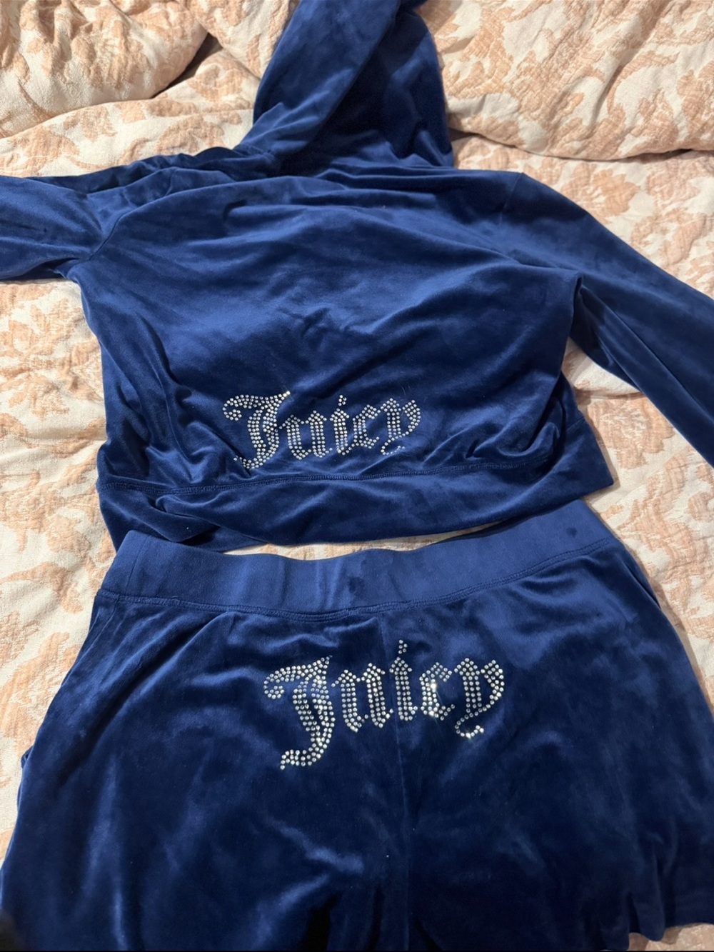 Juicy Couture Royal Blue Velour Rhinestone Logo Hoodie & Shorts Set